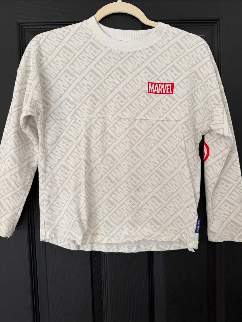 Marvel Cream All-Over Logo Long Sleeve Sweatshirt with Red Patch